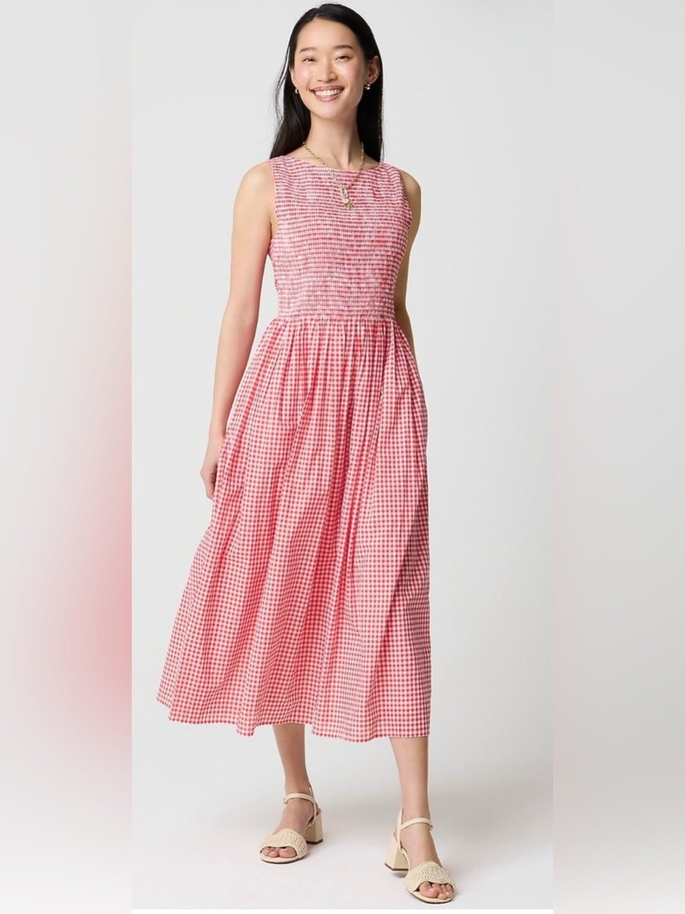 Red Gingham Sleeveless Midi Dress